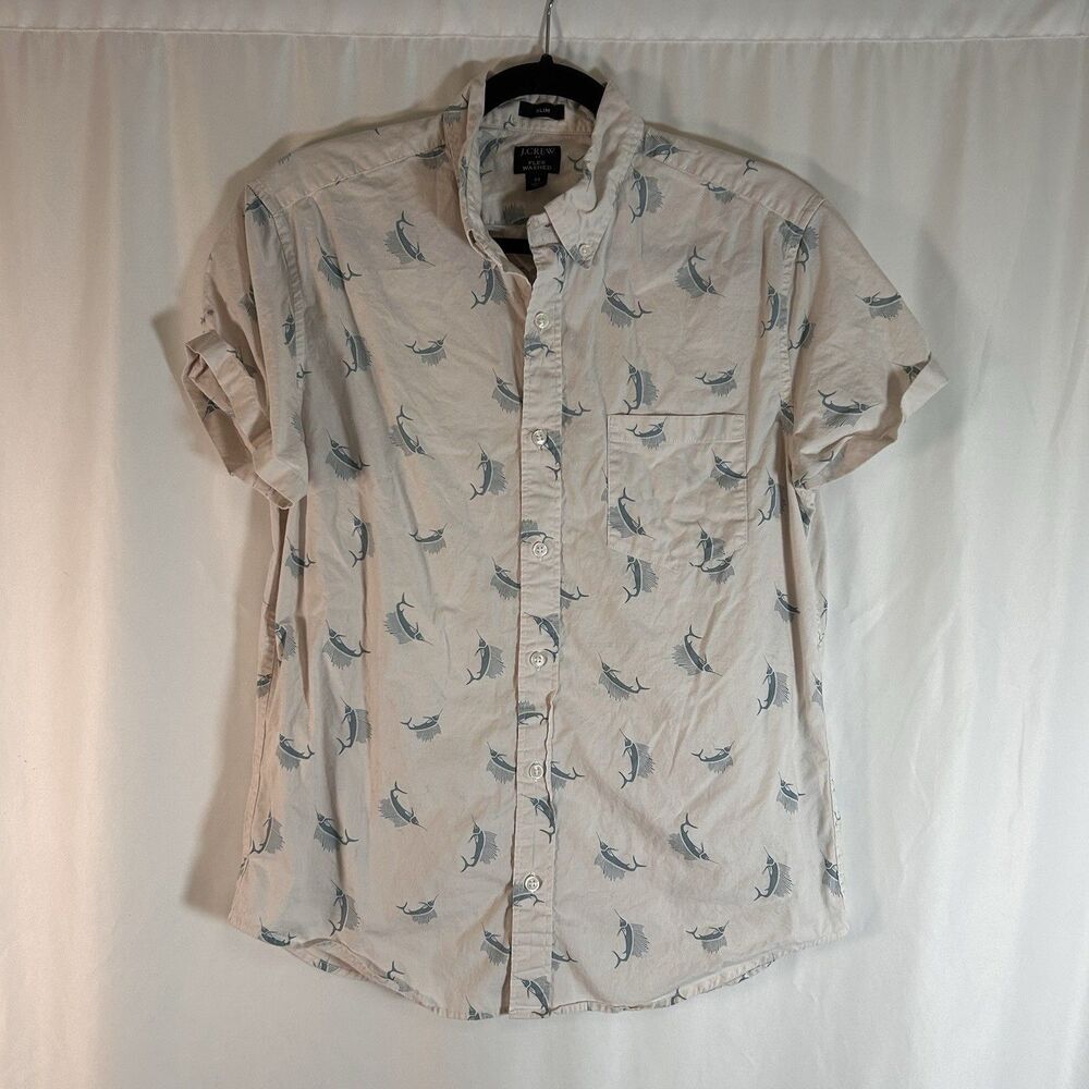 J. Crew Polo Shirt Men's Medium White Fish Swordfish Button Up Short Sleeve Flex